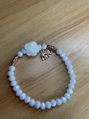 White Glass Beaded Rose Charm Bracelet - Gold Elephant Accent